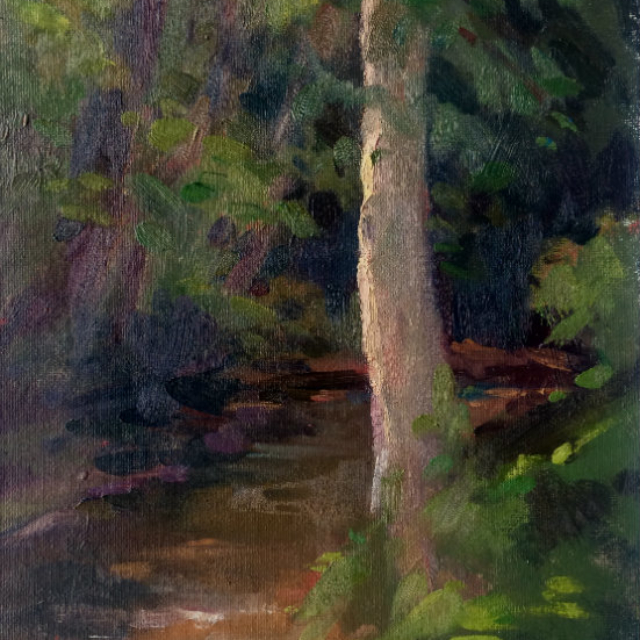 Oil painting of a tree near the creek that was painted at the Sanctuary.
