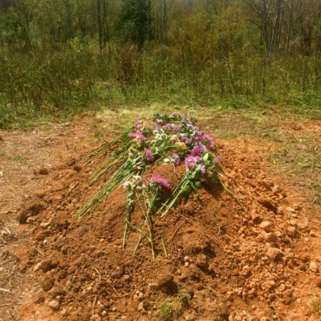 Grave adorned with flowers with Mt Pisgah and trees in the background