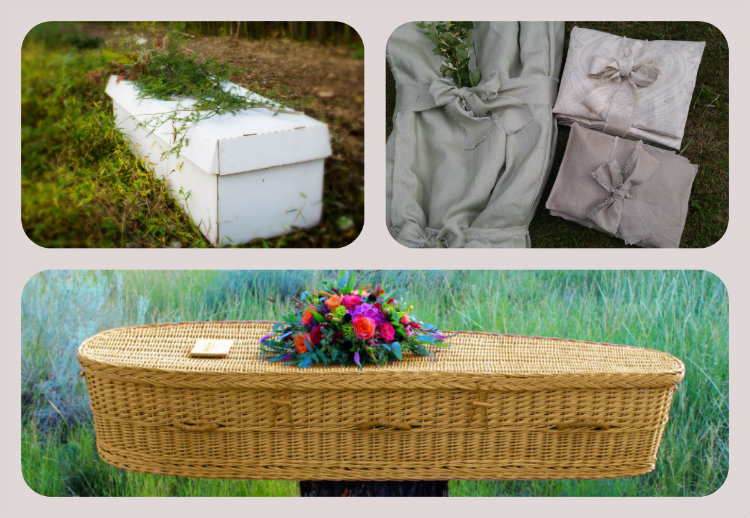 collage of cardboard coffin, burial shrouds, and woven casket