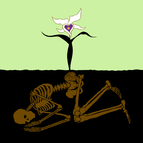 graphic of skeleton beneath the earth with orchid growing out of it