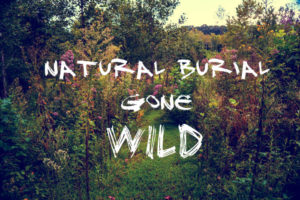 Text "natural burial gone wild" on top of meadow in the background