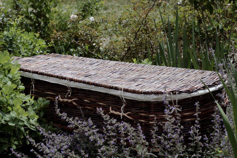 willow casket lying outside amongst plants