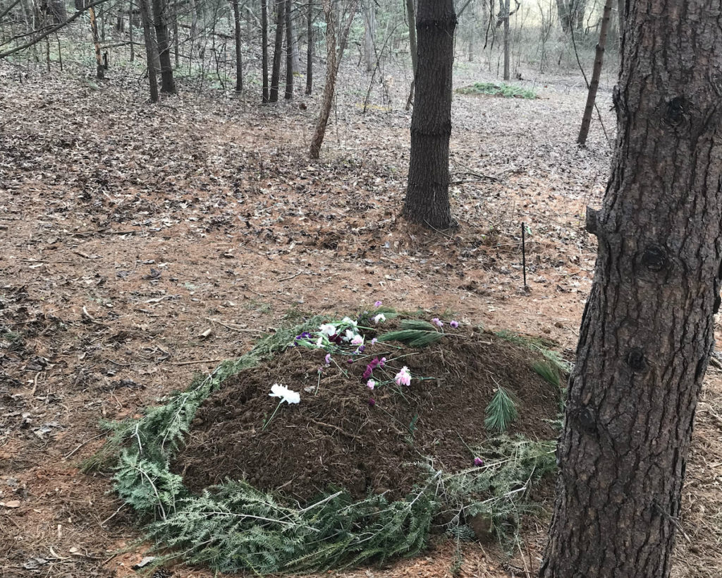 a grave surrounded by pine bows with flowers on top of it