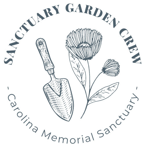 Circular Logo with an image of a hand trowel and flower in the middle with the text "Sanctuary Garden Crew" at the top and "Carolina Memorial Sanctuary" at the bottom.